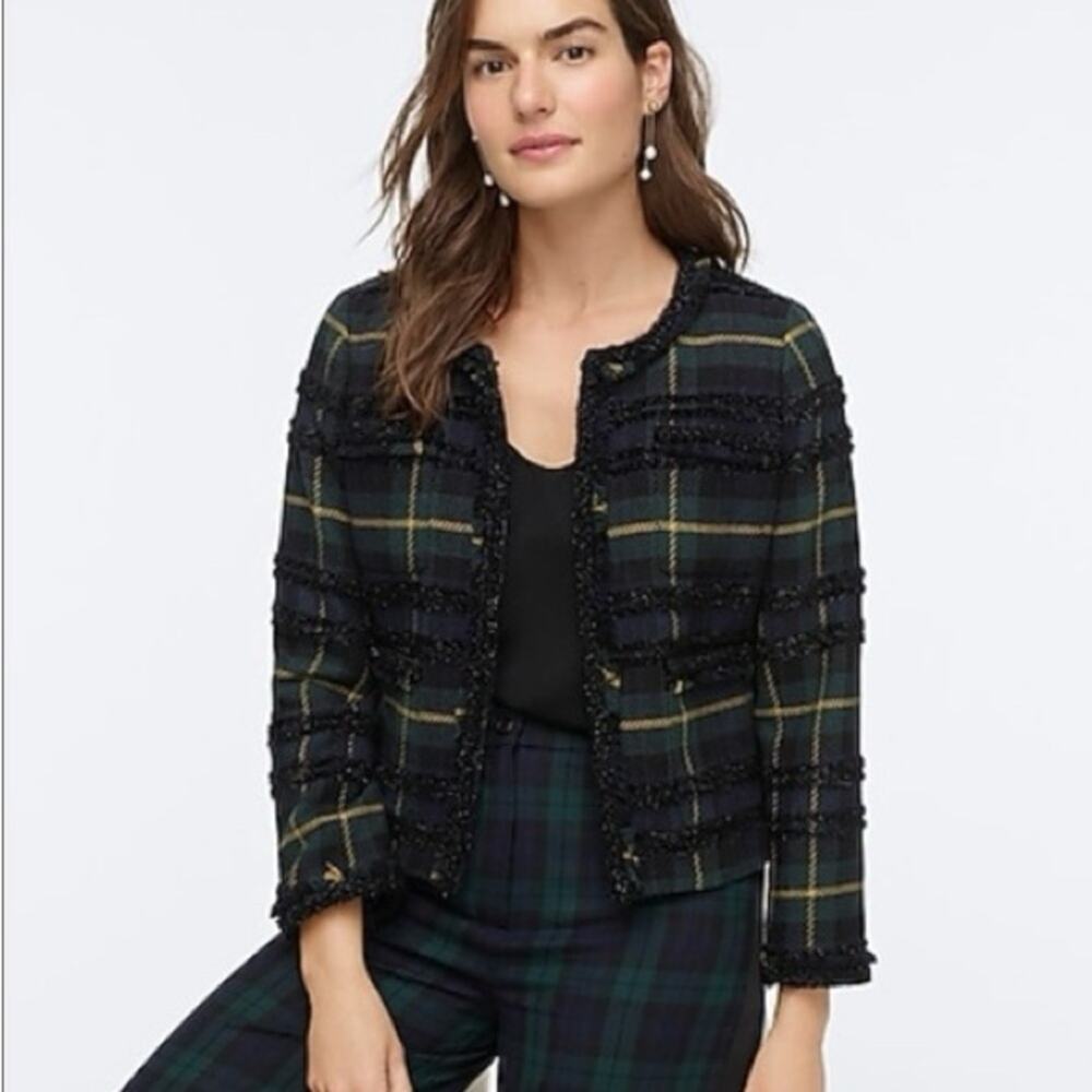 J. Crew lady jacket in lurex plaid tweed fringe blazer jacket size 4 NWT